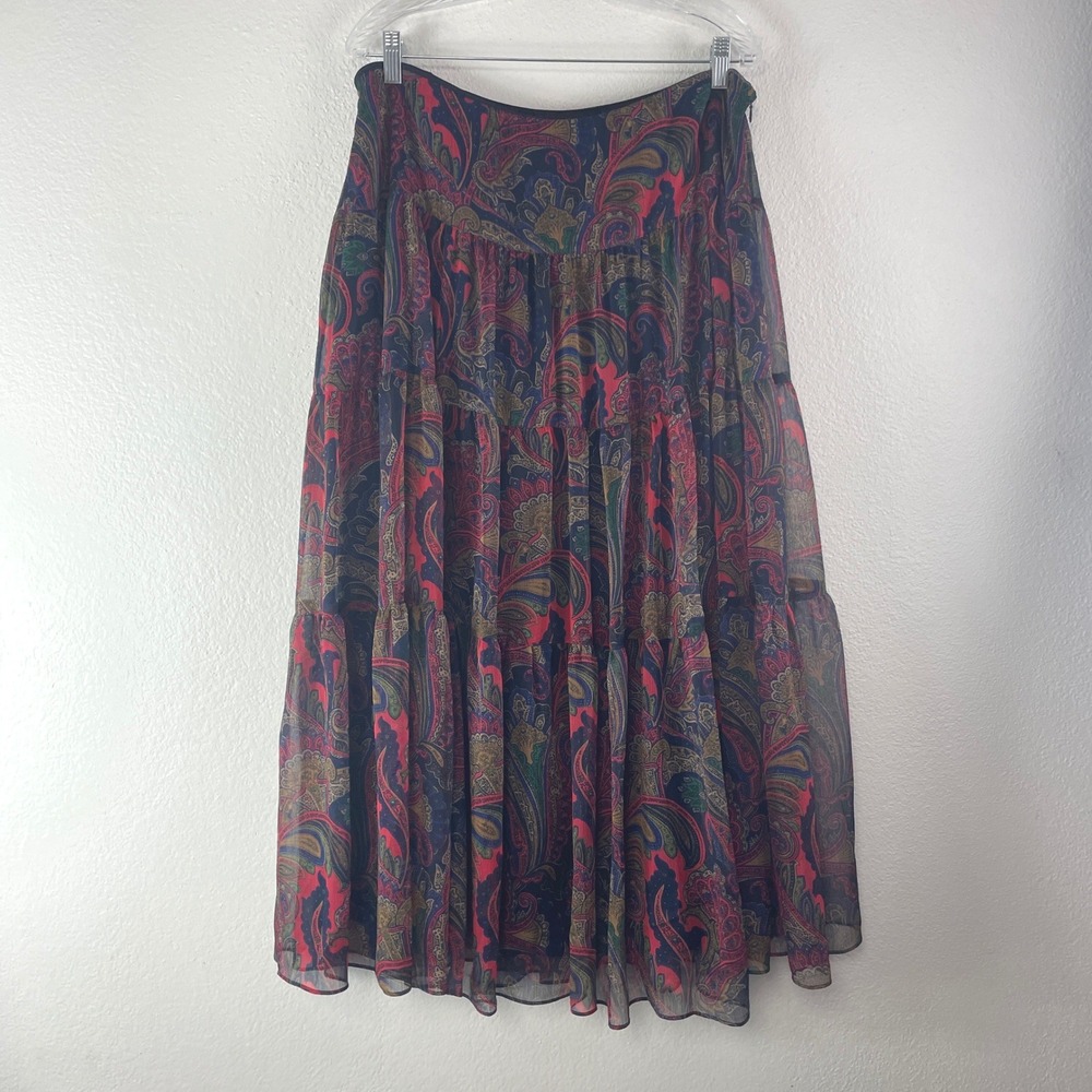 Lauren Ralph Lauren Paisley Tiered Maxi Skirt 16 Boho Classic Sheer Overlay